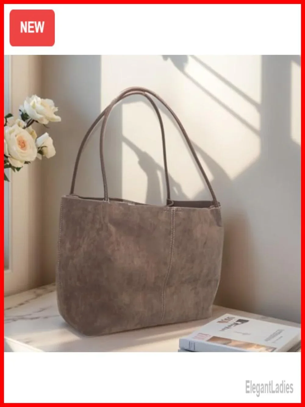 Large Faux Suede Hobo Shoulder Bag with Buckle